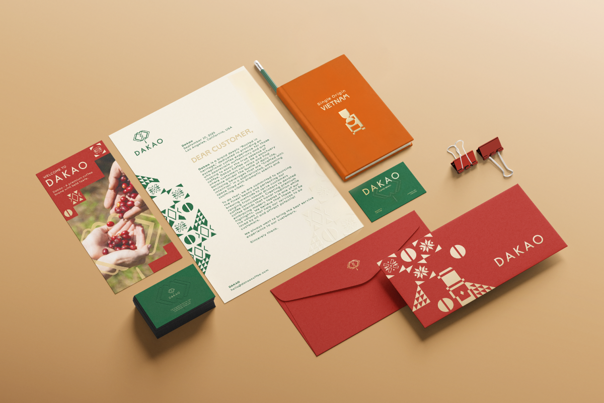 Thiết kế logo và bao bì cho Dakao Coffee do Guru Design thực hiện, thiết kế của bộ nhận diện văn phòng