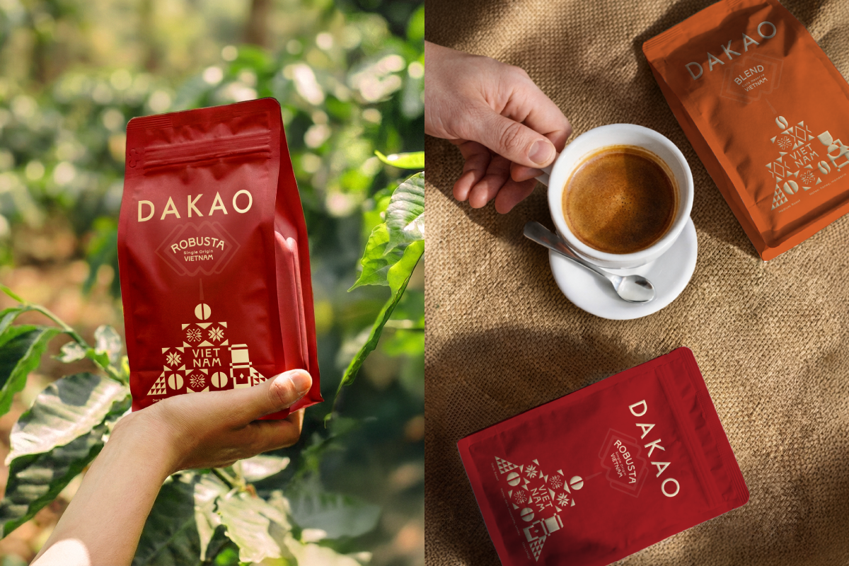 Thiết kế logo và bao bì cho Dakao Coffee do Guru Design thực hiện, túi cà phê màu đỏ sang trọng