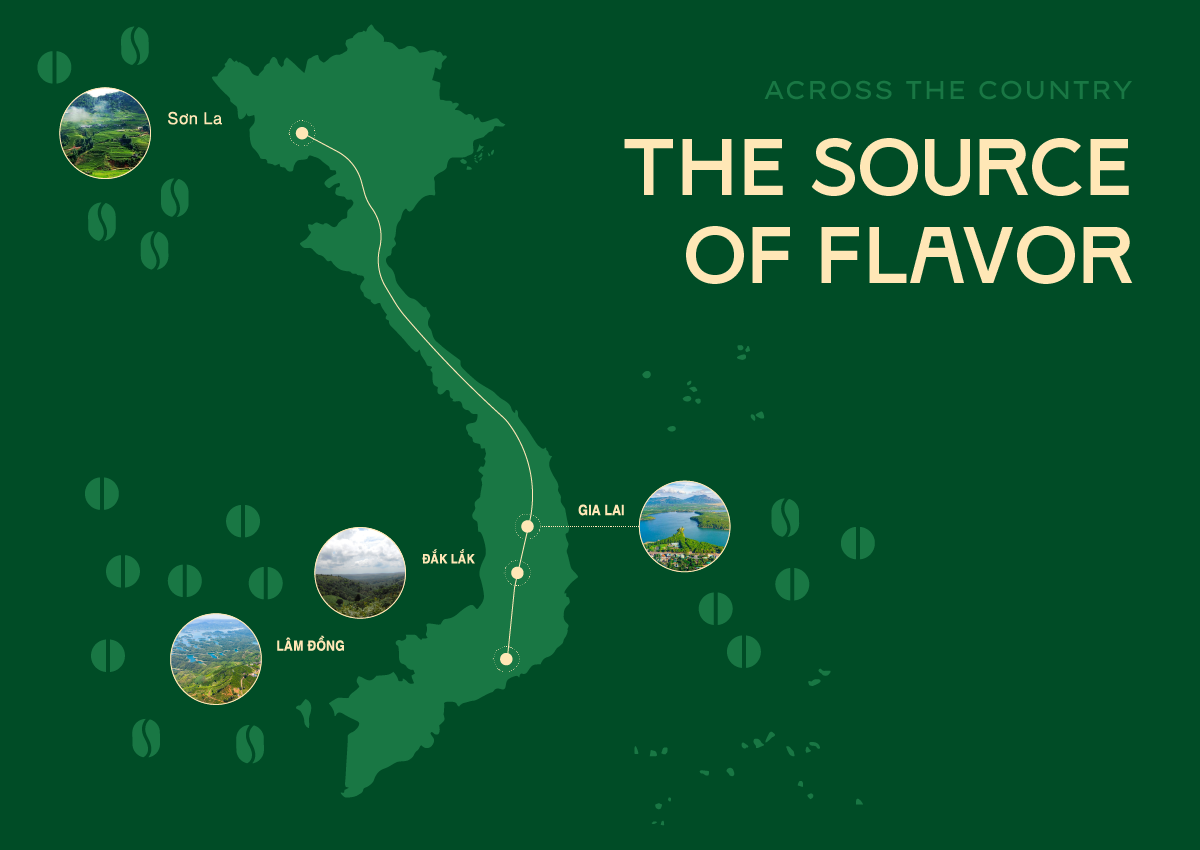 Thiết kế logo và bao bì cho Dakao Coffee do Guru Design thực hiện, lấy ý tưởng từ 4 vùng trồng cà phê nổi tiếng ở Việt Nam