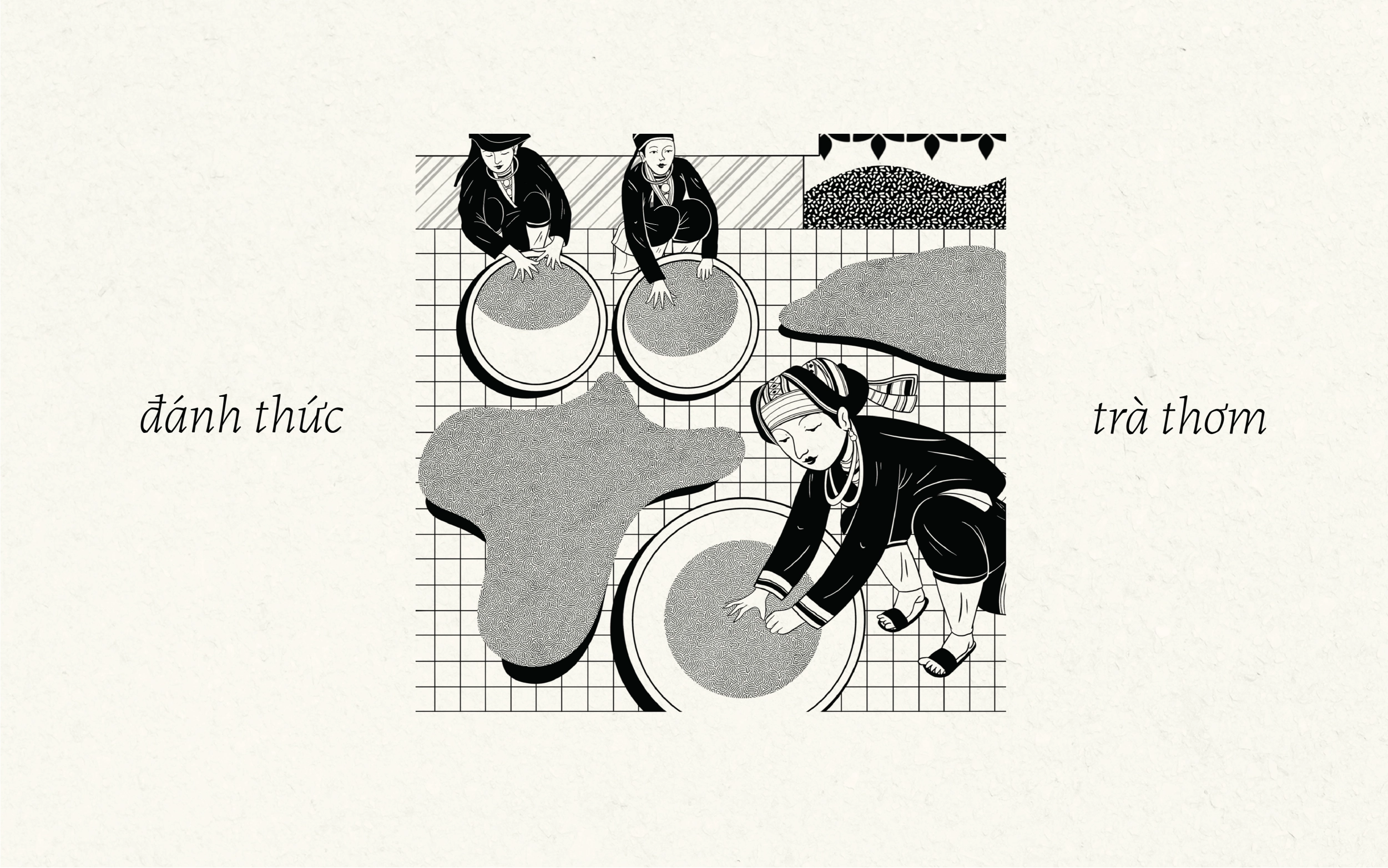 Thiết kế logo và nhận diện thương hiệu Vùng Cao Trà & Cà Phê do Guru Design thực hiện, minh họa đánh thức trà thơm