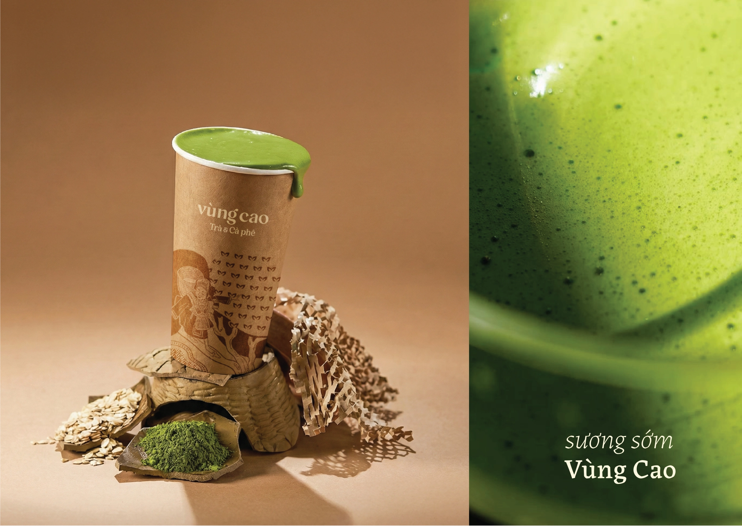 Thiết kế logo và nhận diện thương hiệu Vùng Cao Trà & Cà Phê do Guru Design thực hiện, thiết kế cốc giấy có tranh minh họa