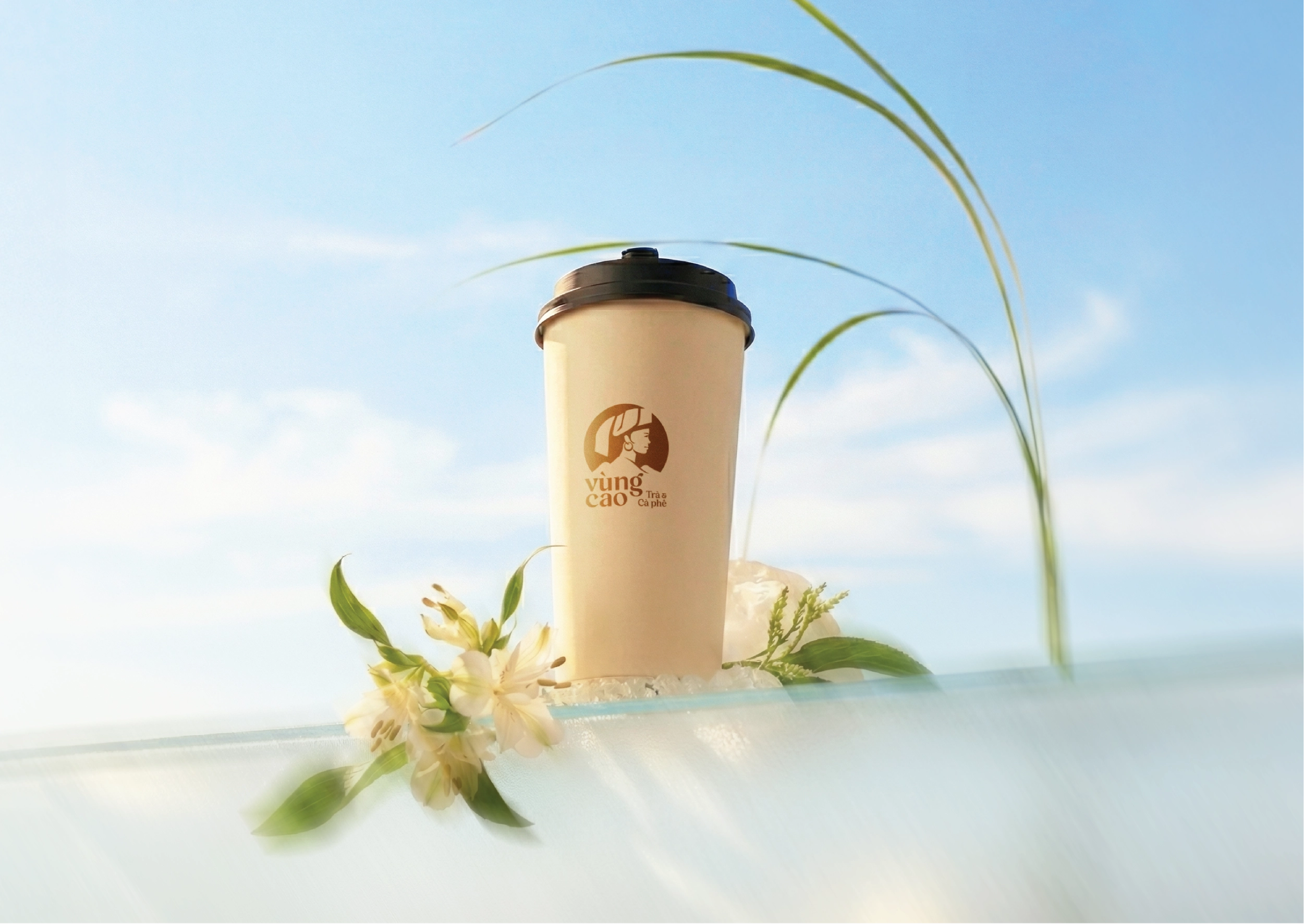 Thiết kế logo và nhận diện thương hiệu Vùng Cao Trà & Cà Phê do Guru Design thực hiện, thiết kế cốc giấy takeawway