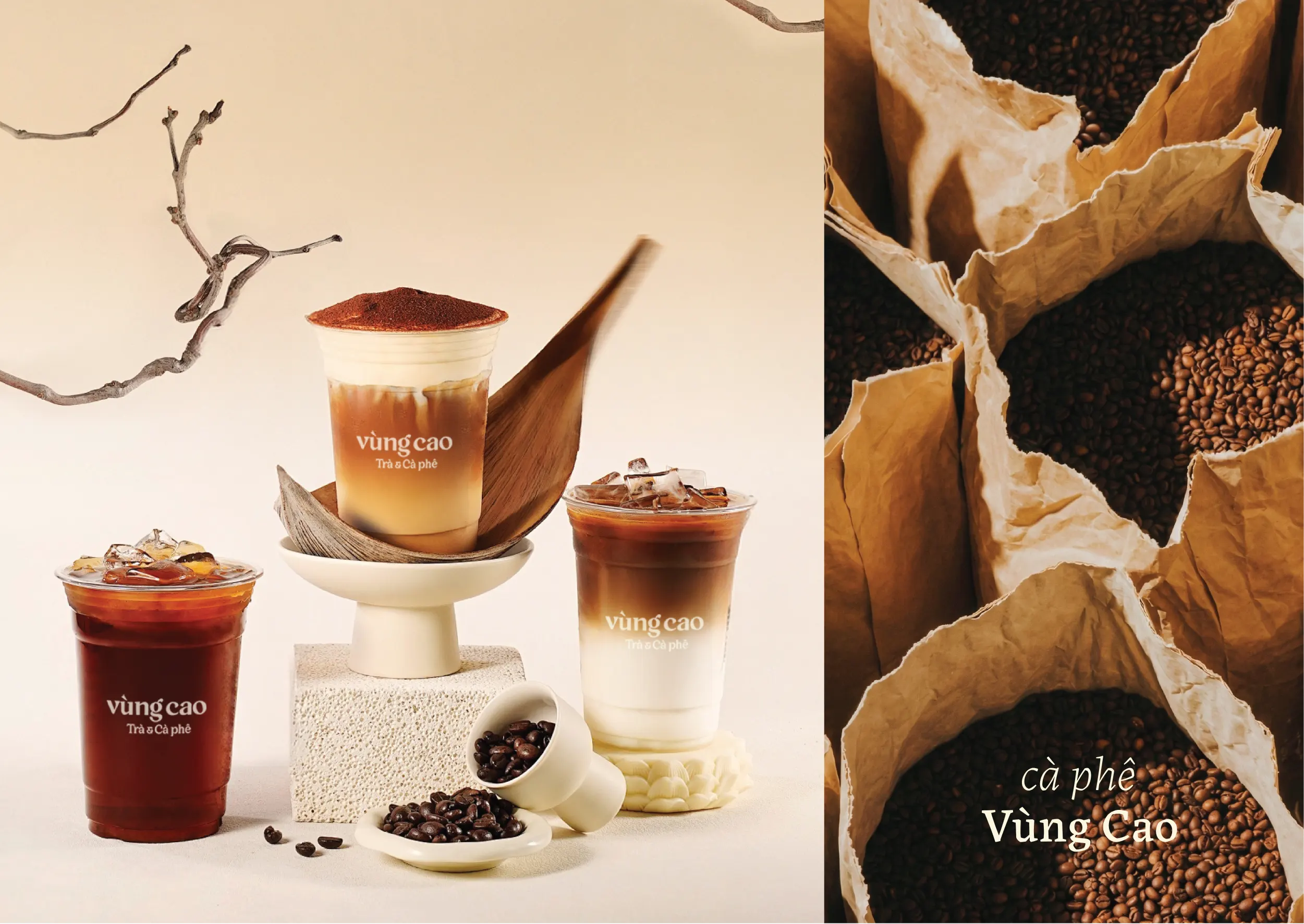 Thiết kế logo và nhận diện thương hiệu Vùng Cao Trà & Cà Phê do Guru Design thực hiện, thiết kế cốc nhựa takeaway