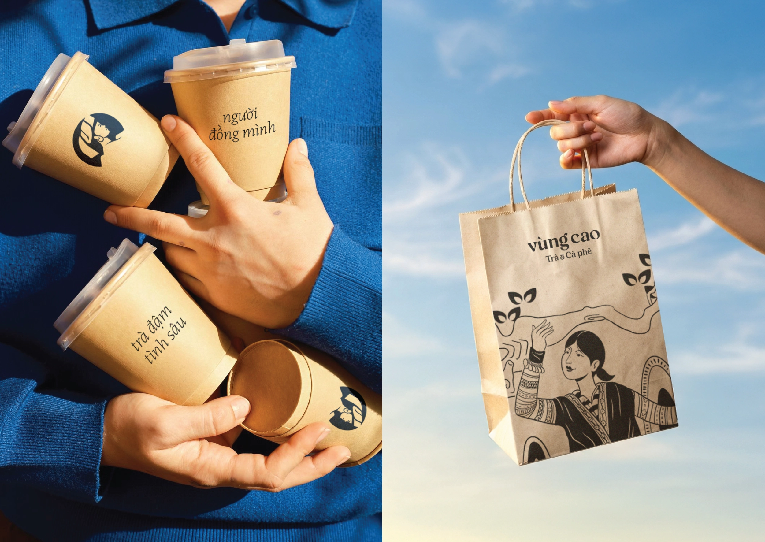 Thiết kế logo và nhận diện thương hiệu Vùng Cao Trà & Cà Phê do Guru Design thực hiện, thiết kế cốc và túi giấy