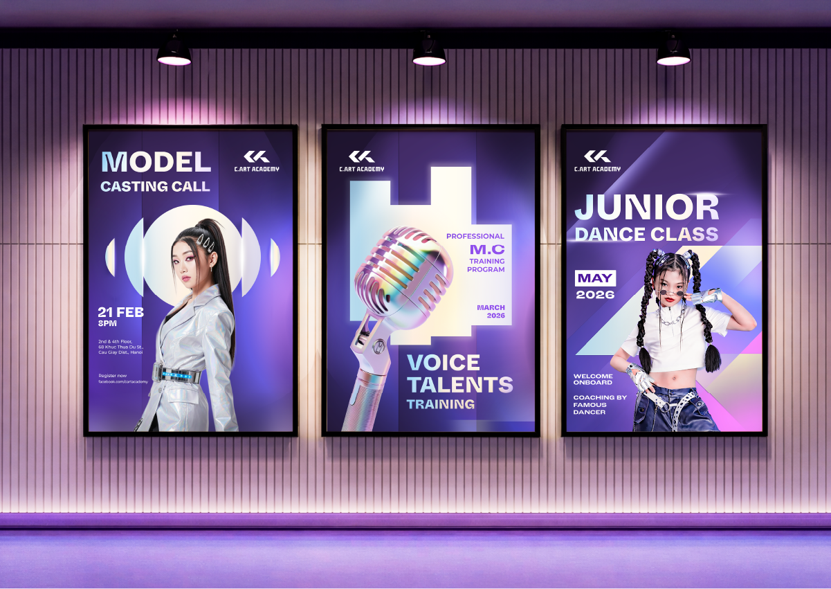 Thiết kế logo và nhận diện thương hiệu C.Art Academy do Guru Design thực hiện, bộ ba poster ấn tượng