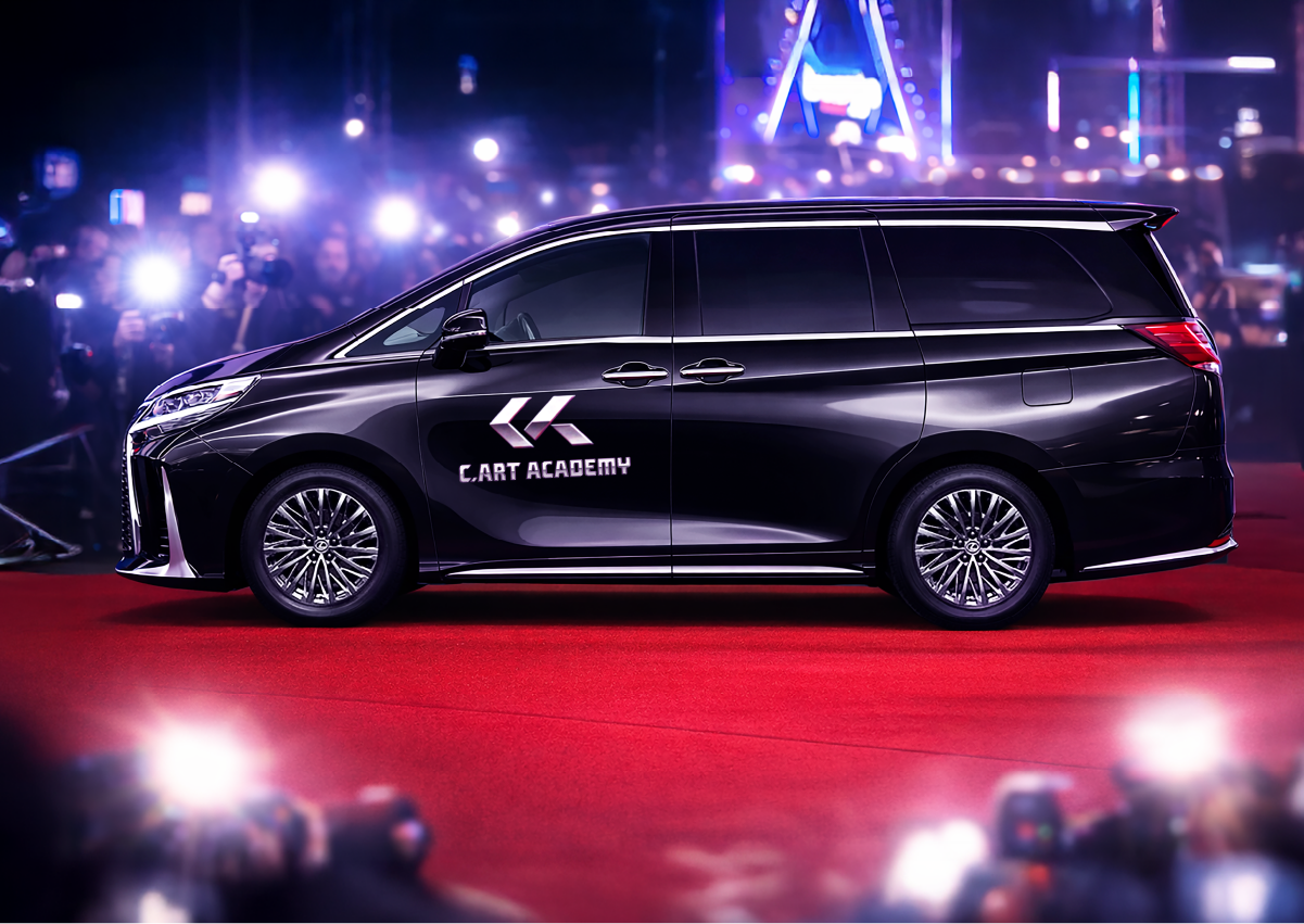 Thiết kế logo và nhận diện thương hiệu C.Art Academy do Guru Design thực hiện, xe đưa đón khi đi diễn