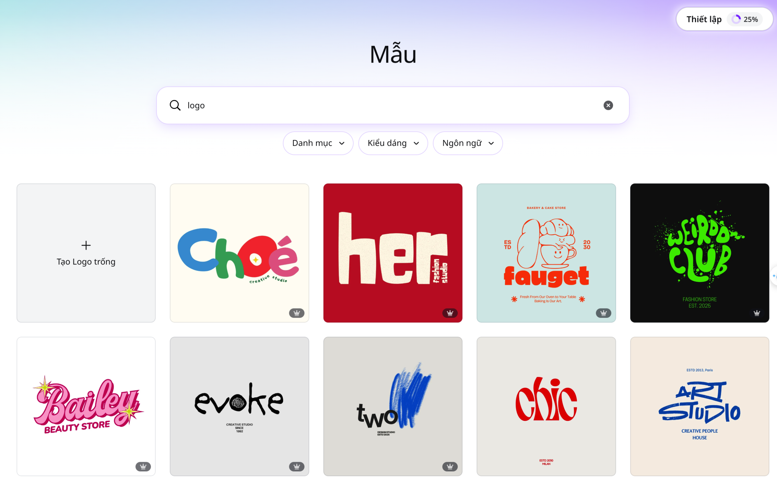 giao diện tạo logo canva bước 1 chọn template